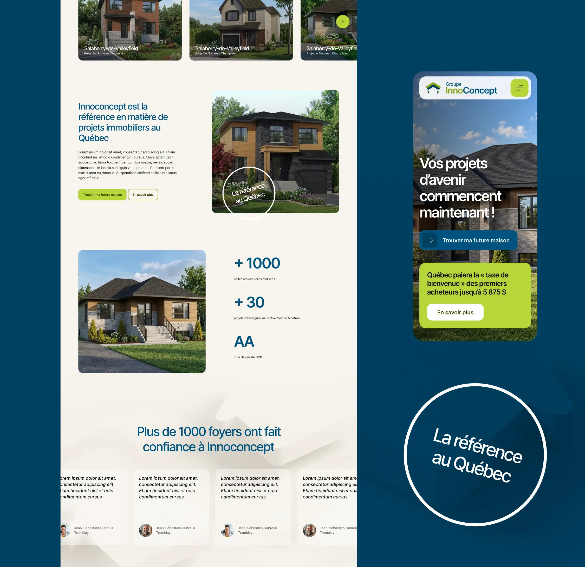 Présentation du design adaptatif du site InnoConcept avec des sections de la page d'accueil sur ordinateur et mobile.