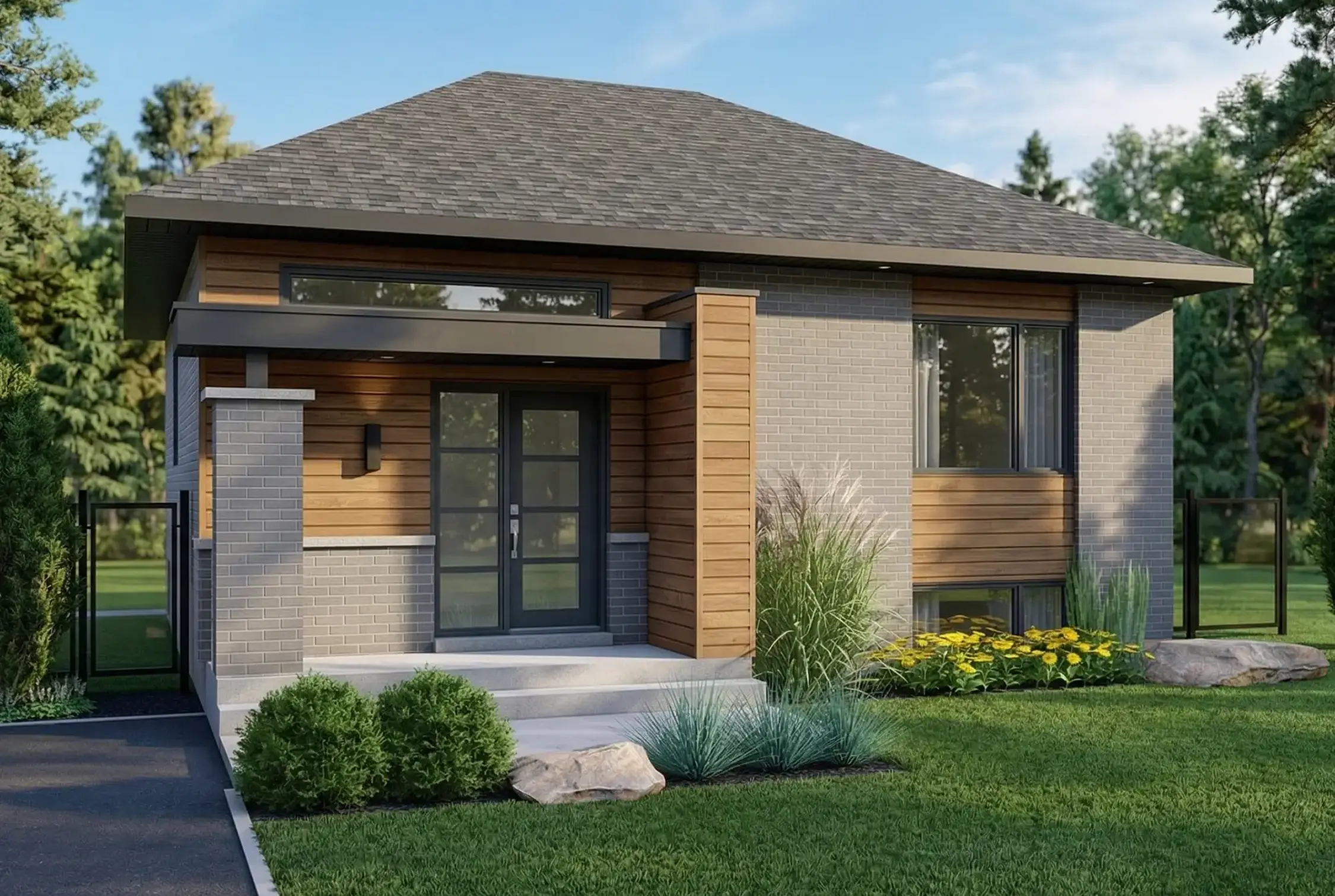Modèle de bungalow contemporain avec revêtement de brique grise, accents de bois et aménagement paysager soigné.