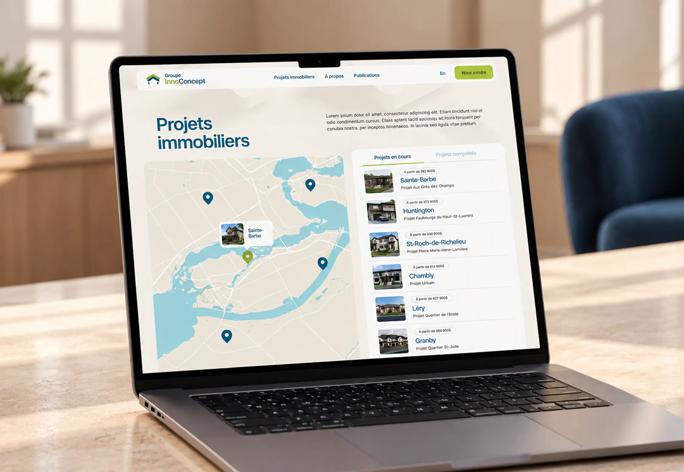 Page des projets immobiliers du Groupe InnoConcept avec carte interactive et liste des développements résidentiels.