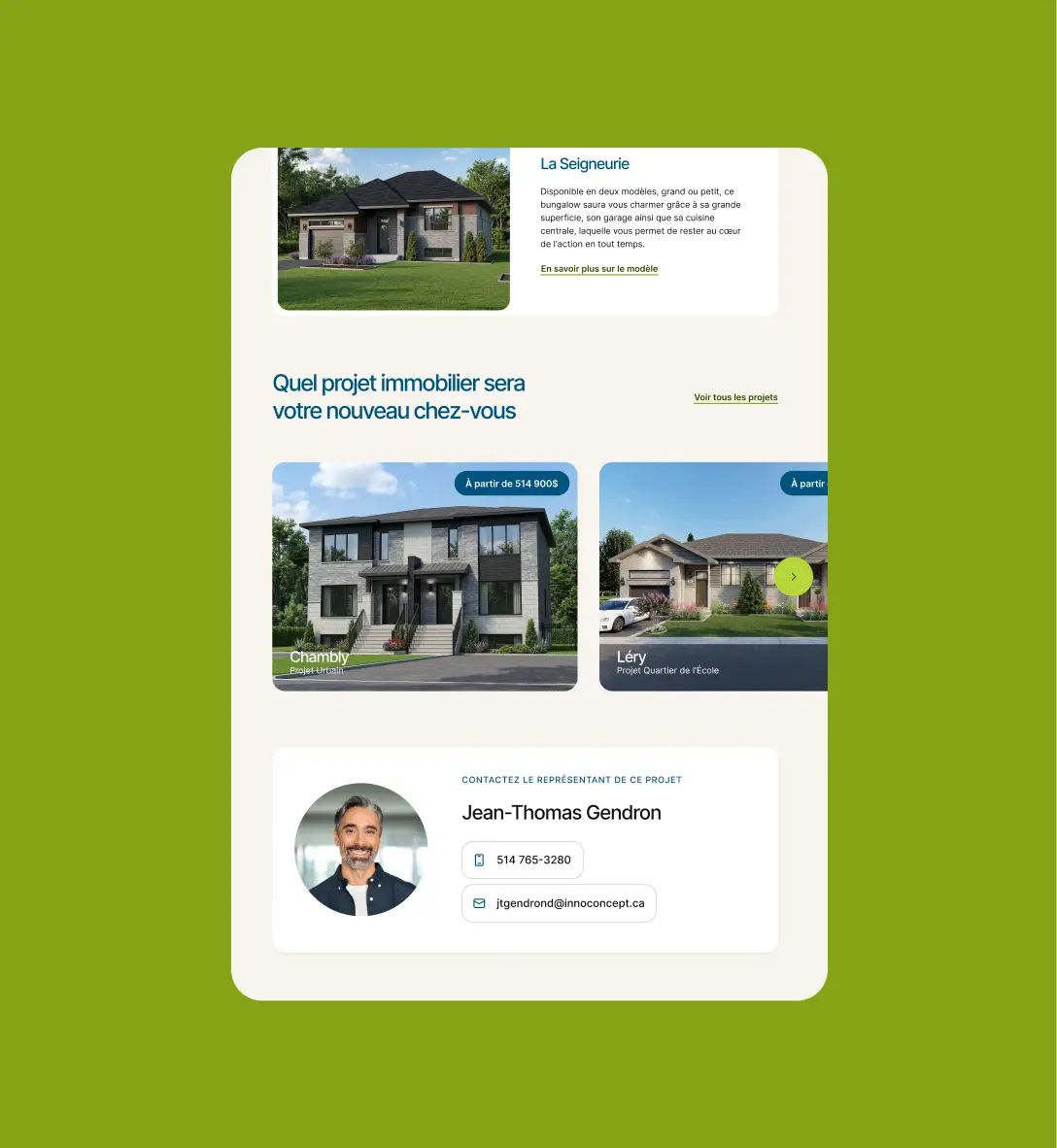 Section d'un projet immobilier présentant les modèles de maisons disponibles et les coordonnées du représentant.