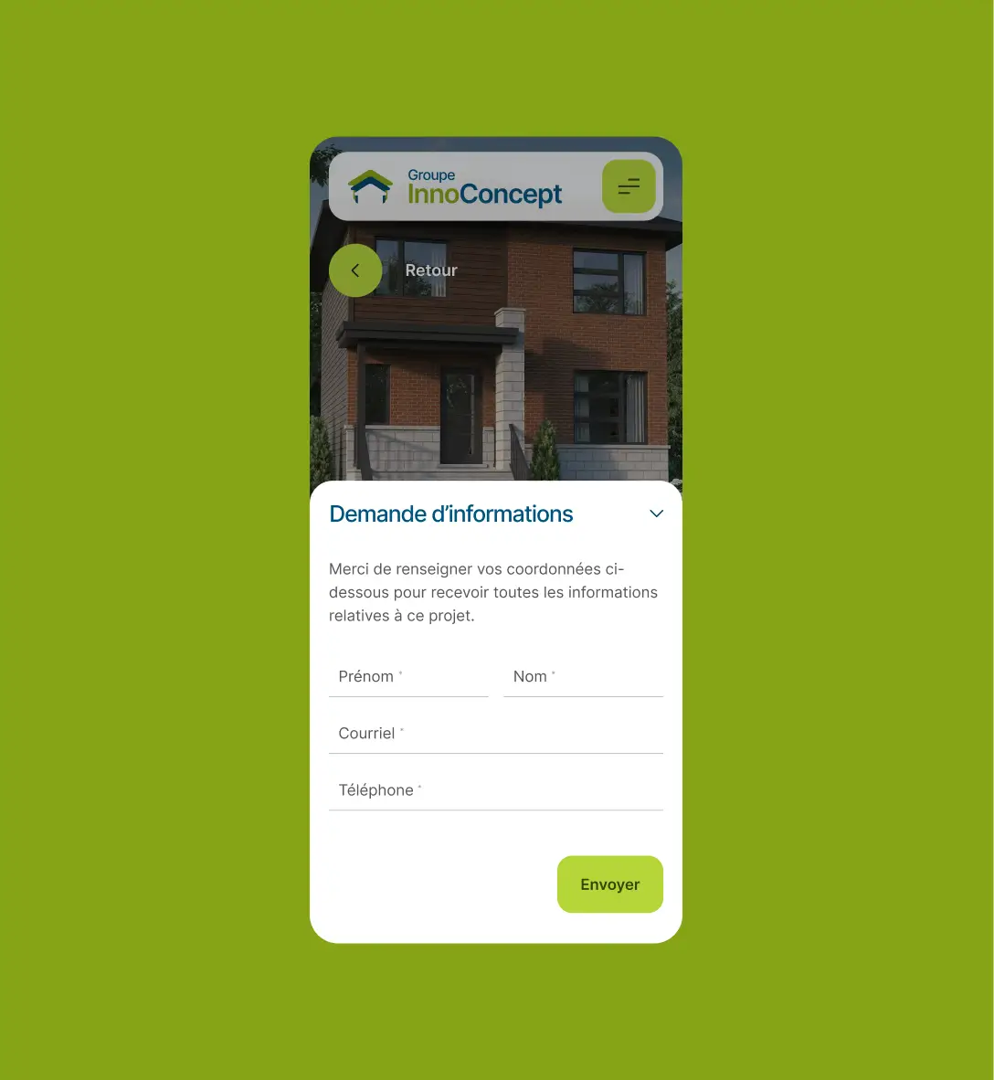 Formulaire de demande d'information du site InnoConcept affiché sur un téléphone mobile.