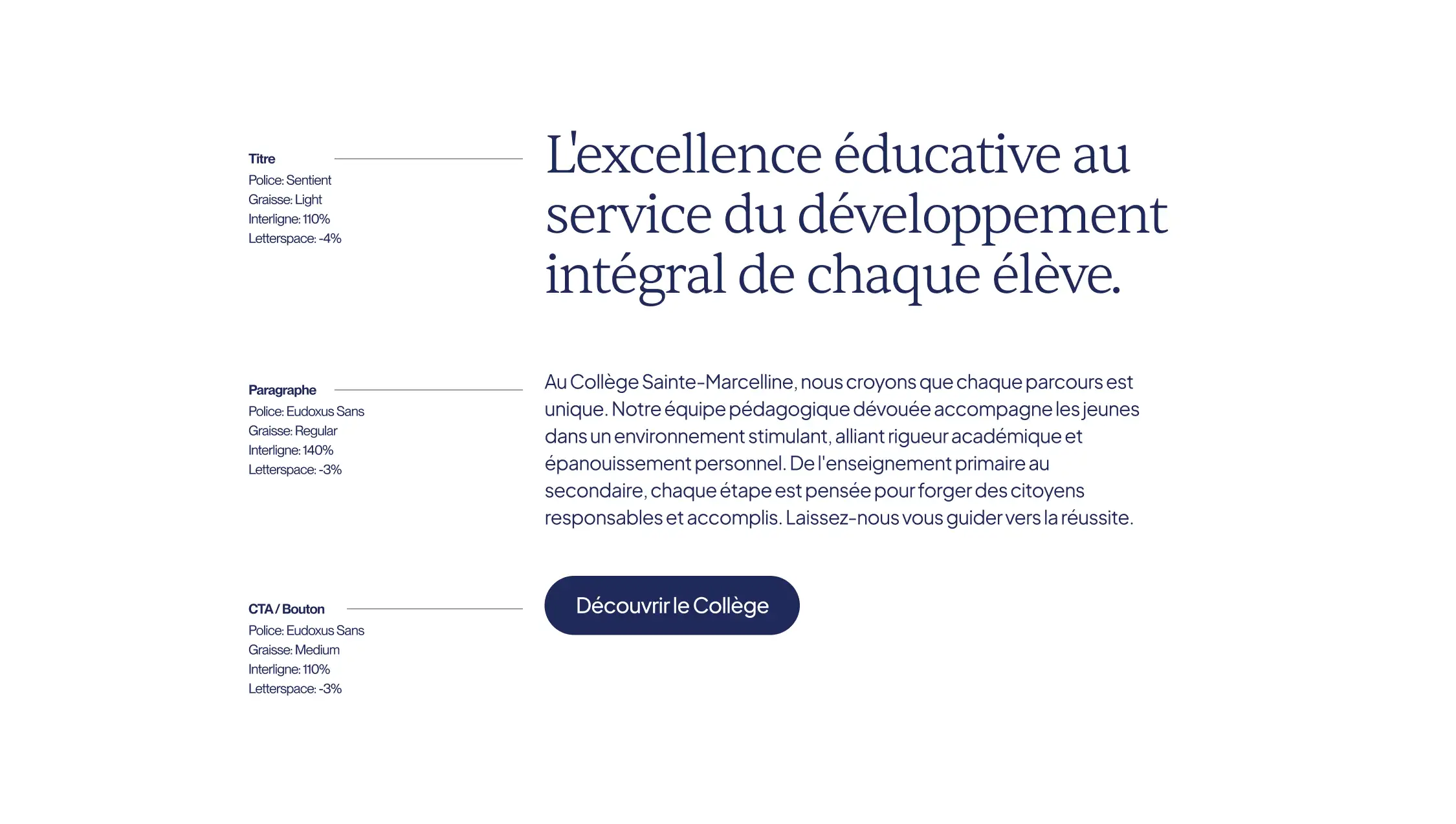 Exemple de hiérarchie typographique appliquée aux titres, paragraphes et boutons.