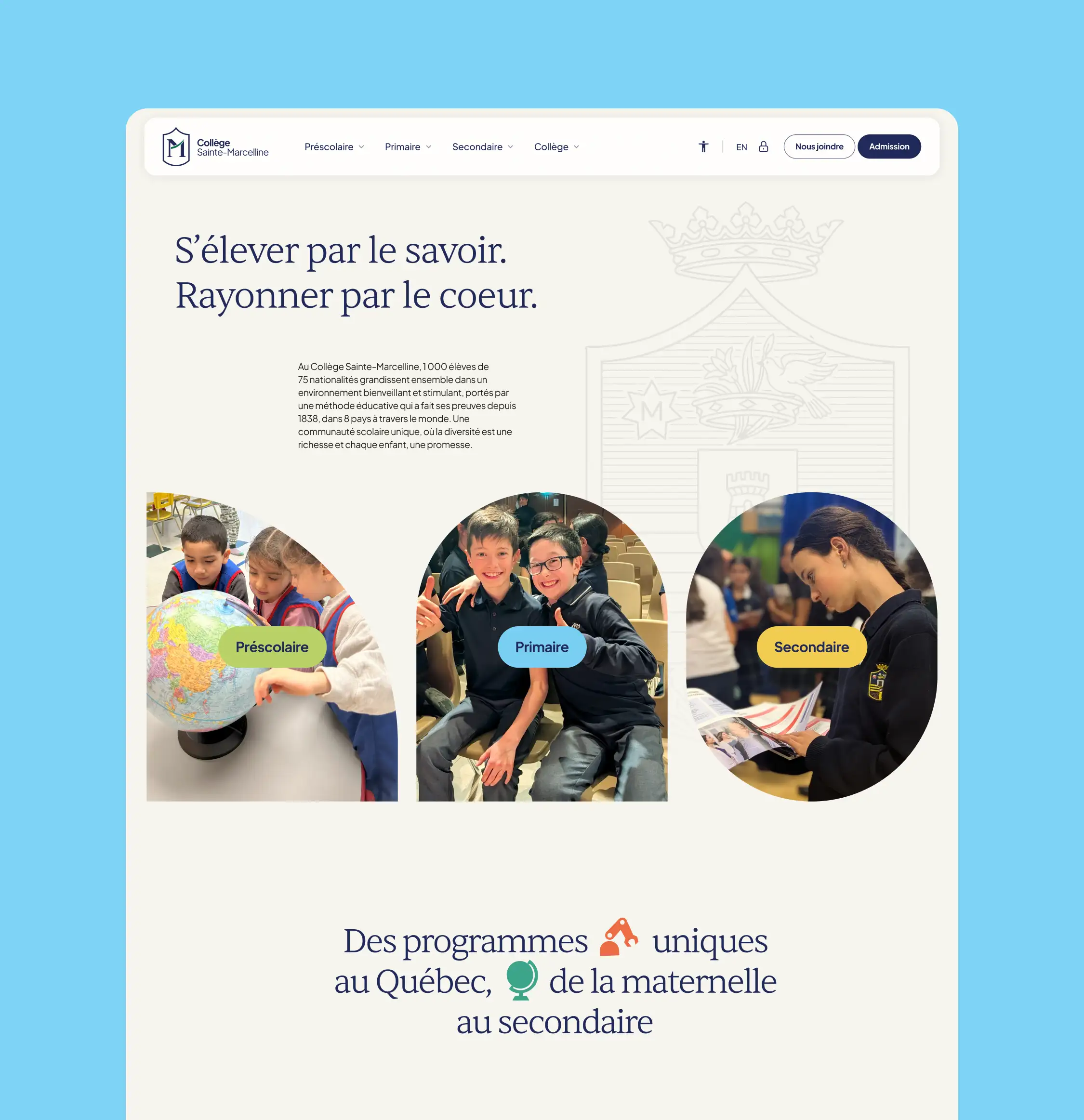 Page d’accueil du site présentant les parcours préscolaire, primaire et secondaire.