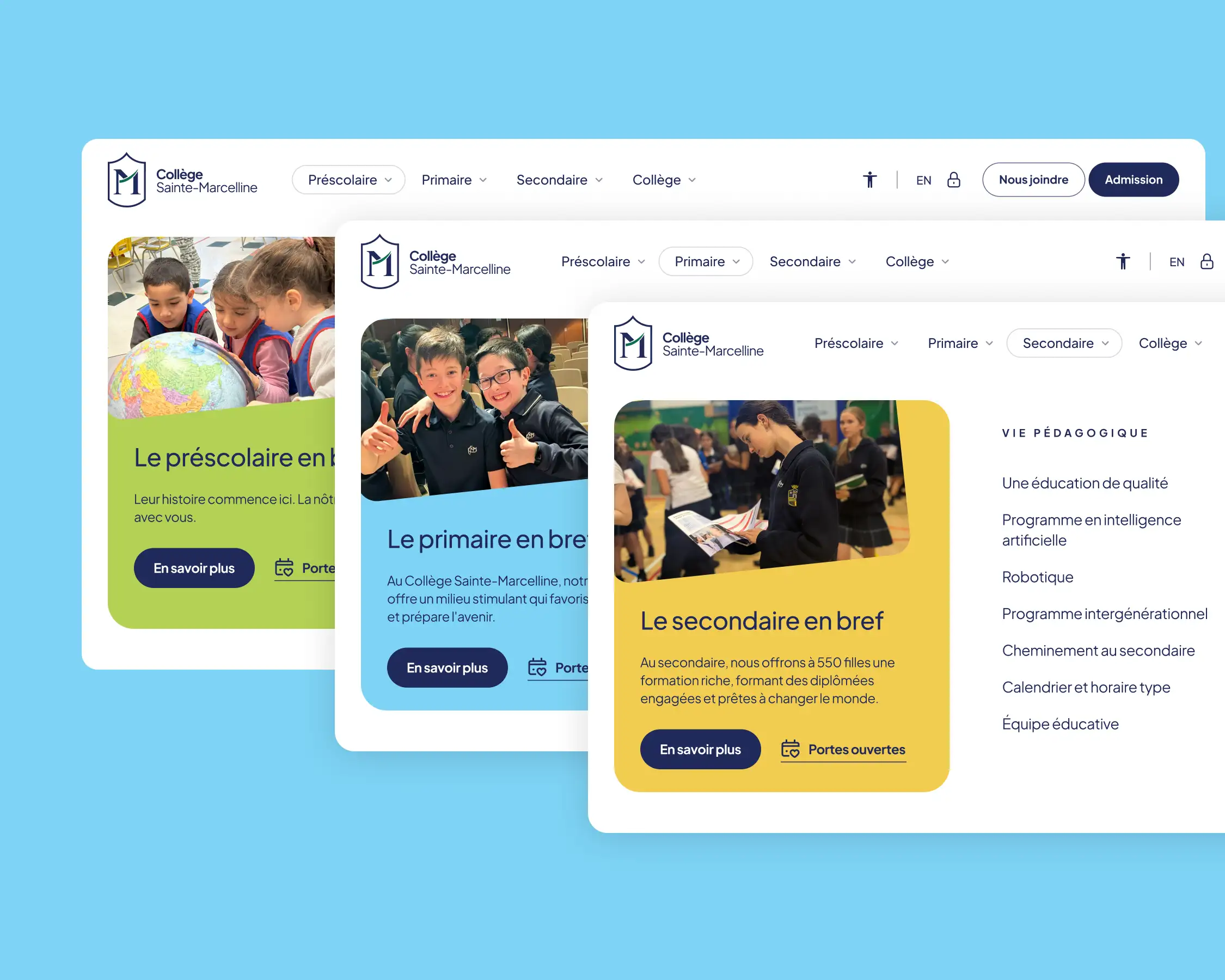 Menus de navigation adaptés aux différents niveaux scolaires du Collège.