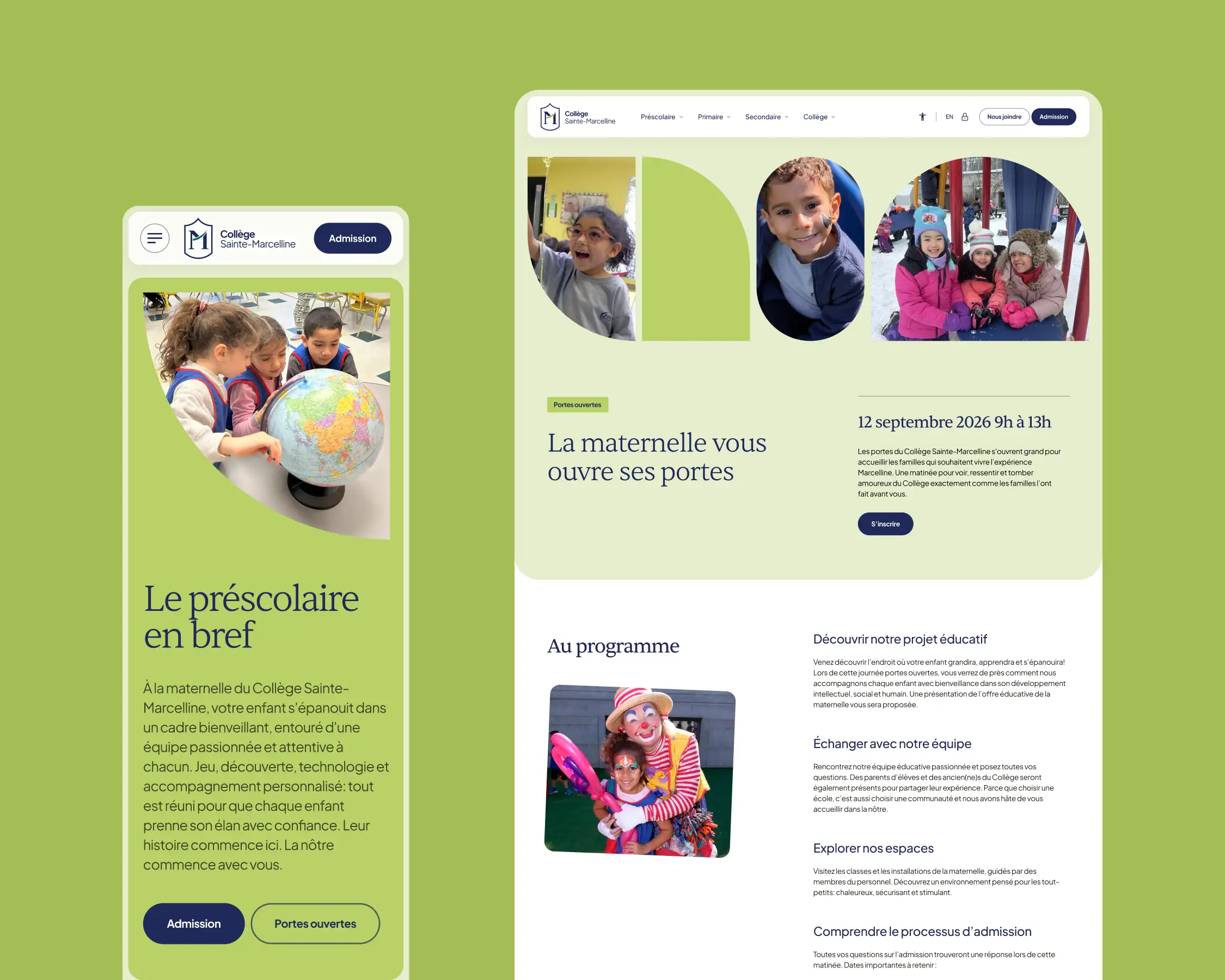 Pages du préscolaire et des portes ouvertes affichées sur mobile et ordinateur.