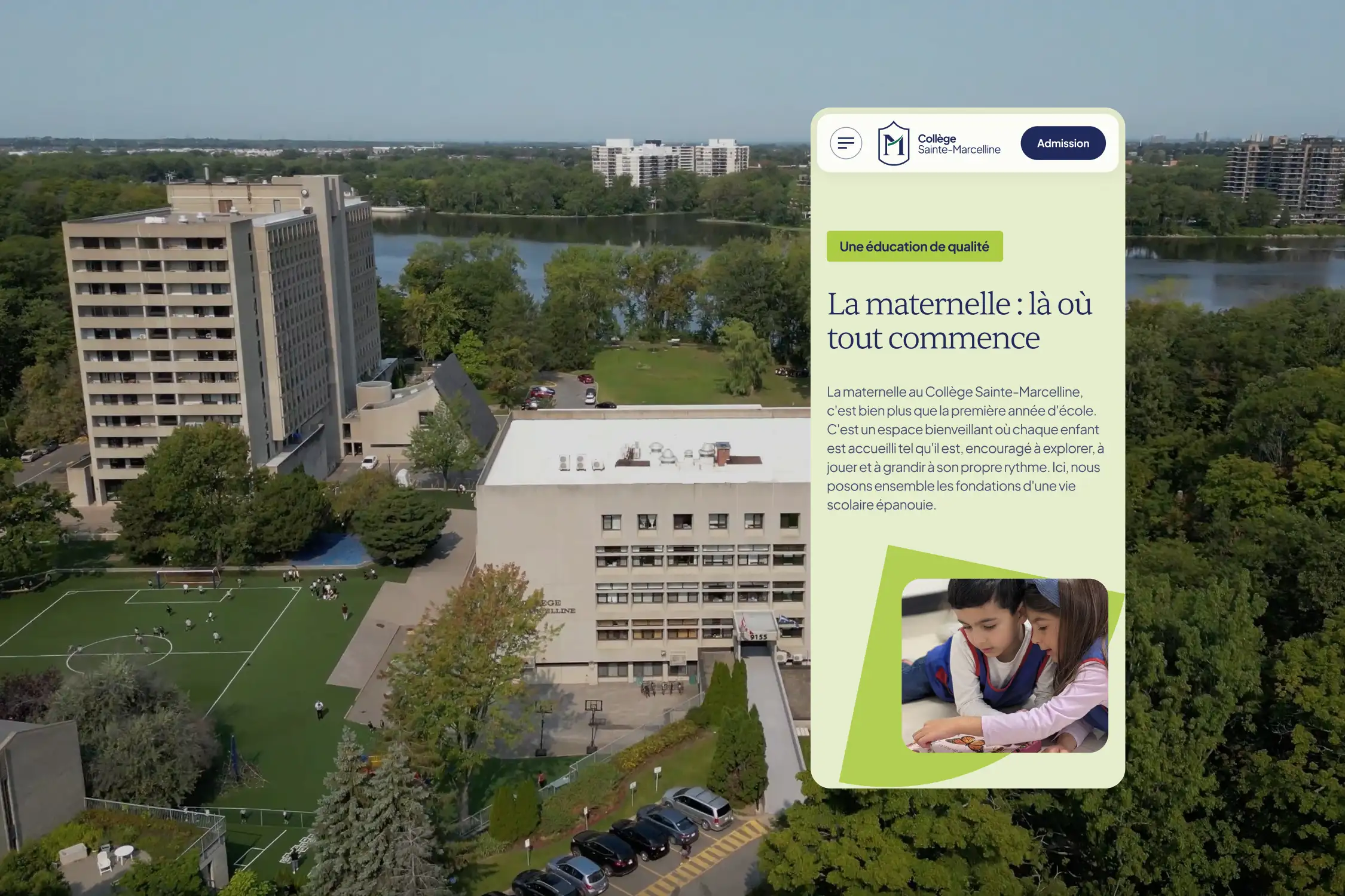Page mobile du préscolaire superposée à une vue aérienne du Collège Sainte-Marcelline.