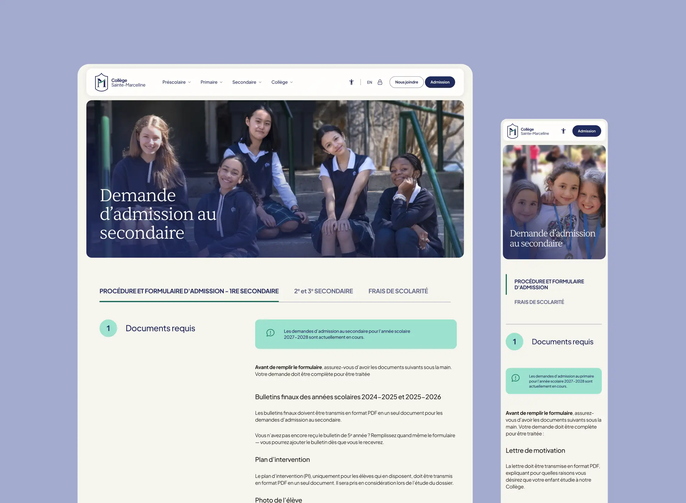 Page d’admission au secondaire affichée dans ses versions ordinateur et mobile.