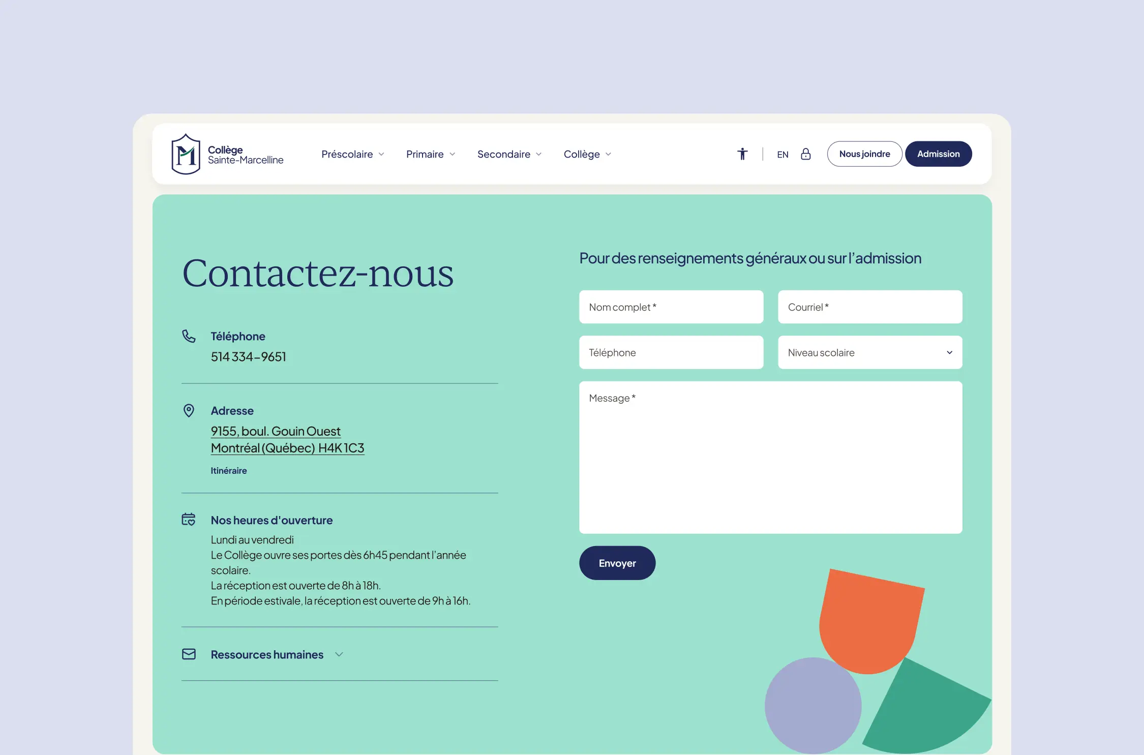 Page de contact du Collège avec coordonnées, heures d’ouverture et formulaire en ligne.