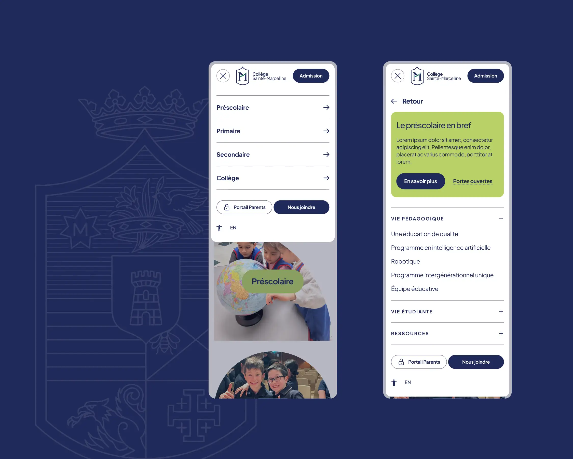 Menu mobile du site avec navigation par niveau scolaire et accès aux ressources.