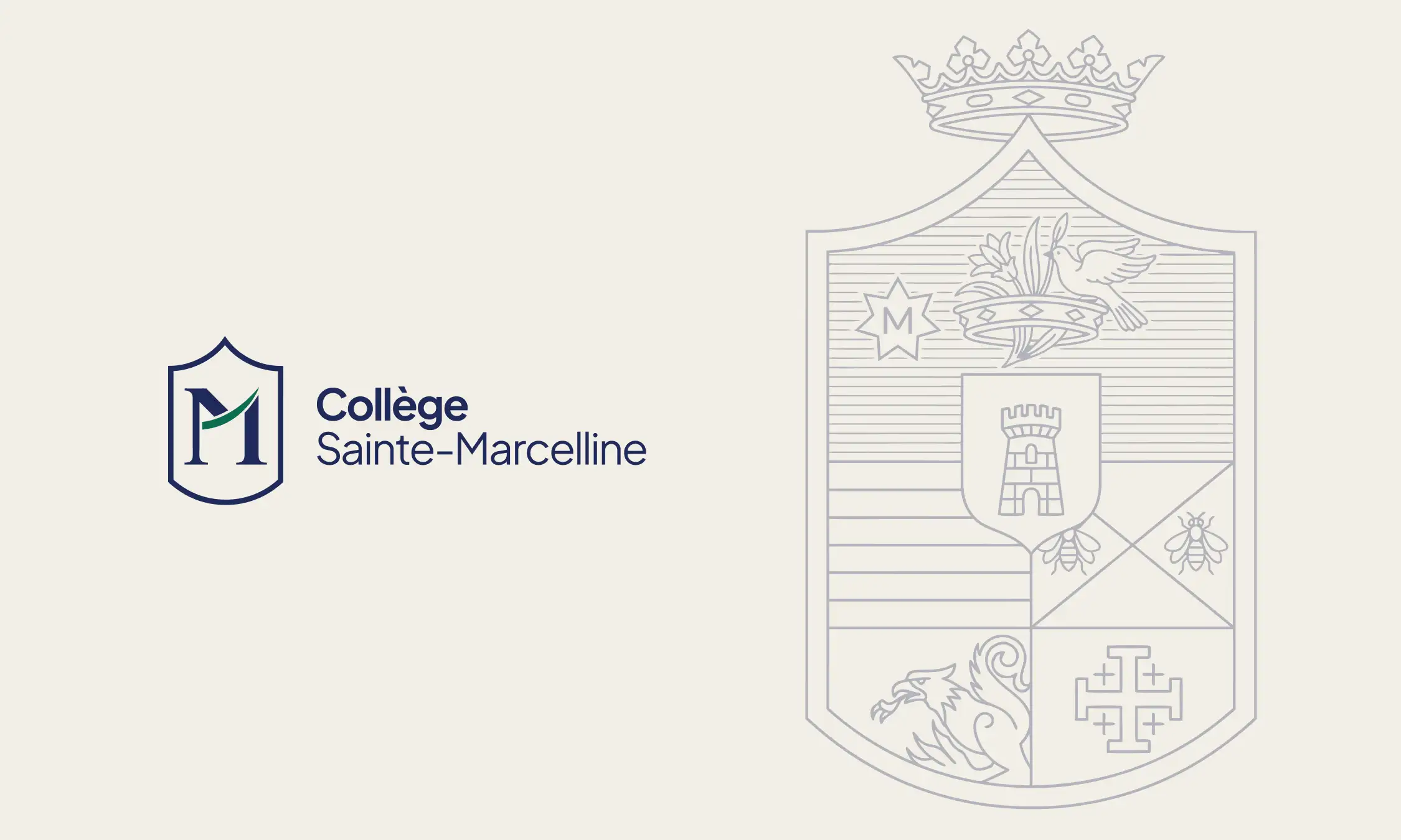 Nouveau logo du Collège Sainte-Marcelline accompagné du blason historique en arrière-plan.