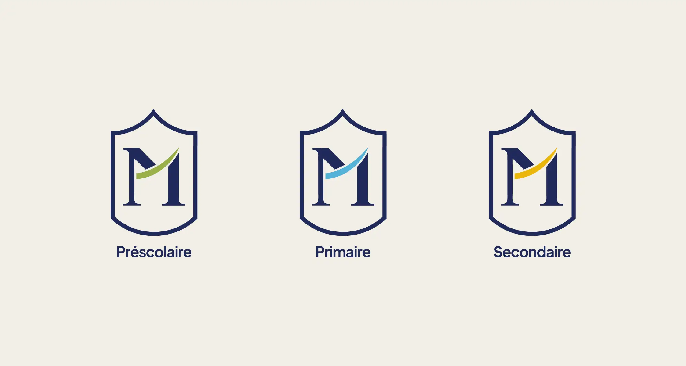 Déclinaisons colorées du blason pour le préscolaire, le primaire et le secondaire.