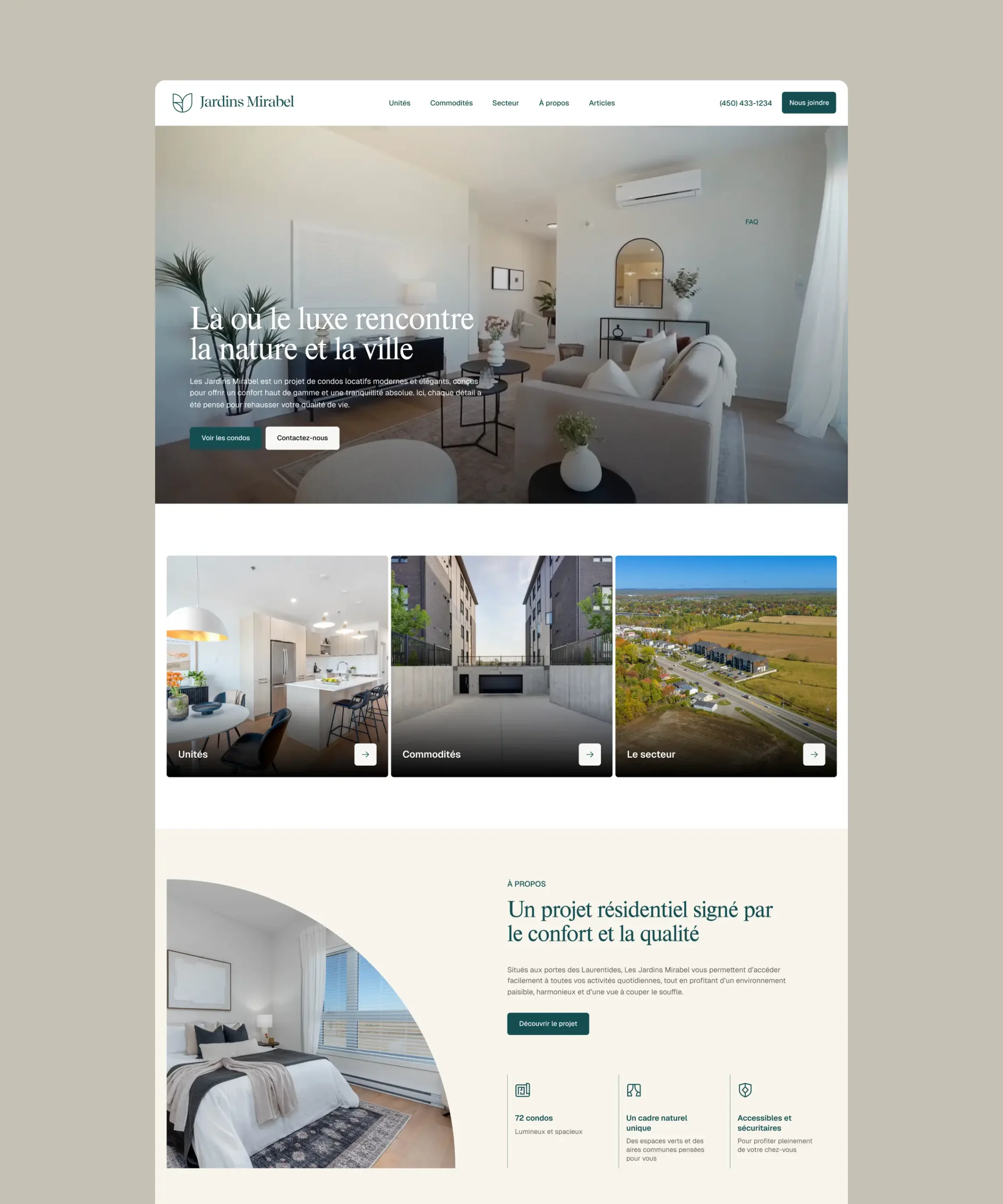 Page d’accueil du site Webflow de Jardins Mirabel présentant les condos, les commodités et le secteur