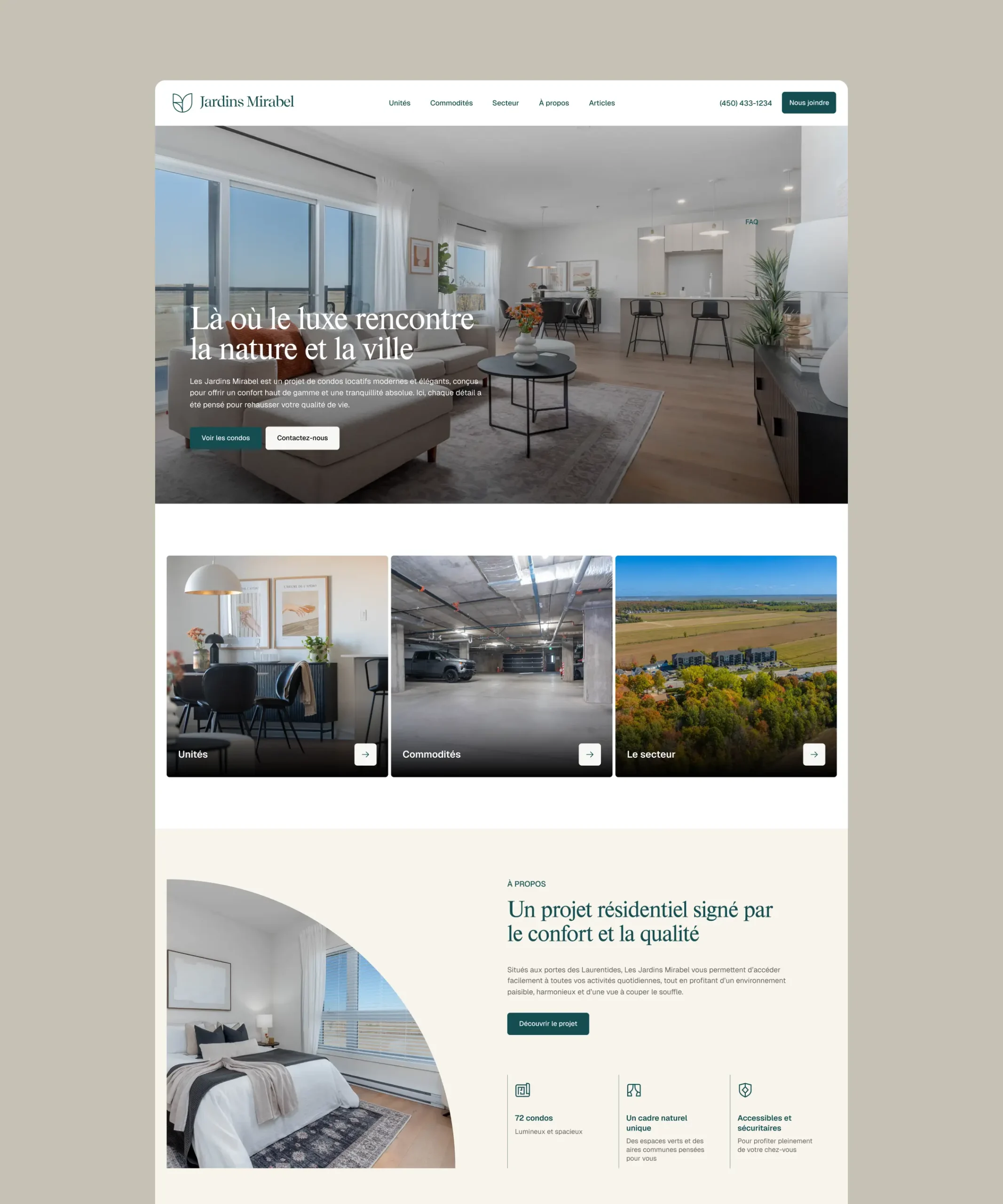 Page d’accueil du site Webflow de Jardins Mirabel présentant les condos, les commodités et le secteur