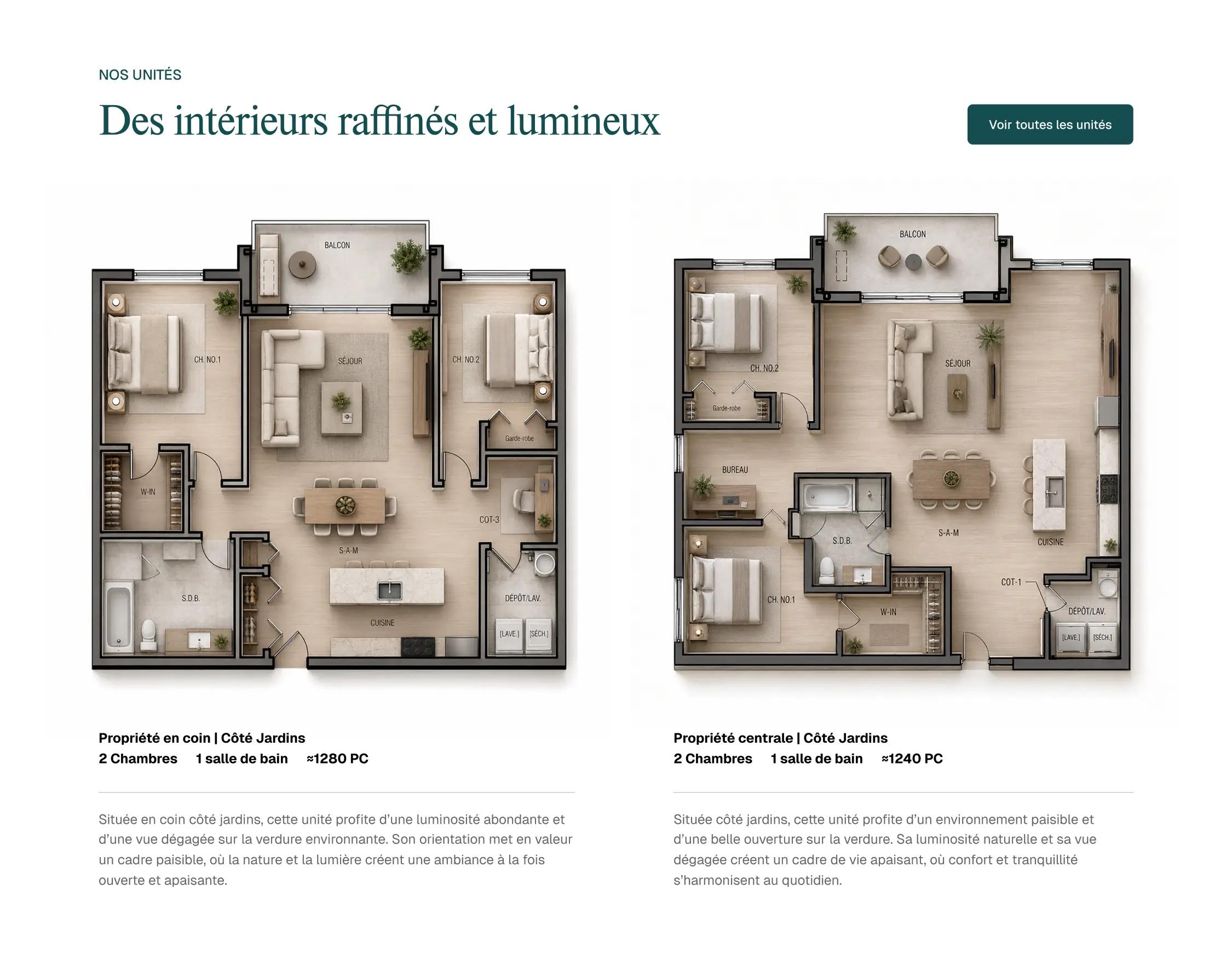 Plans aménagés de deux condos de deux chambres aux Jardins Mirabel