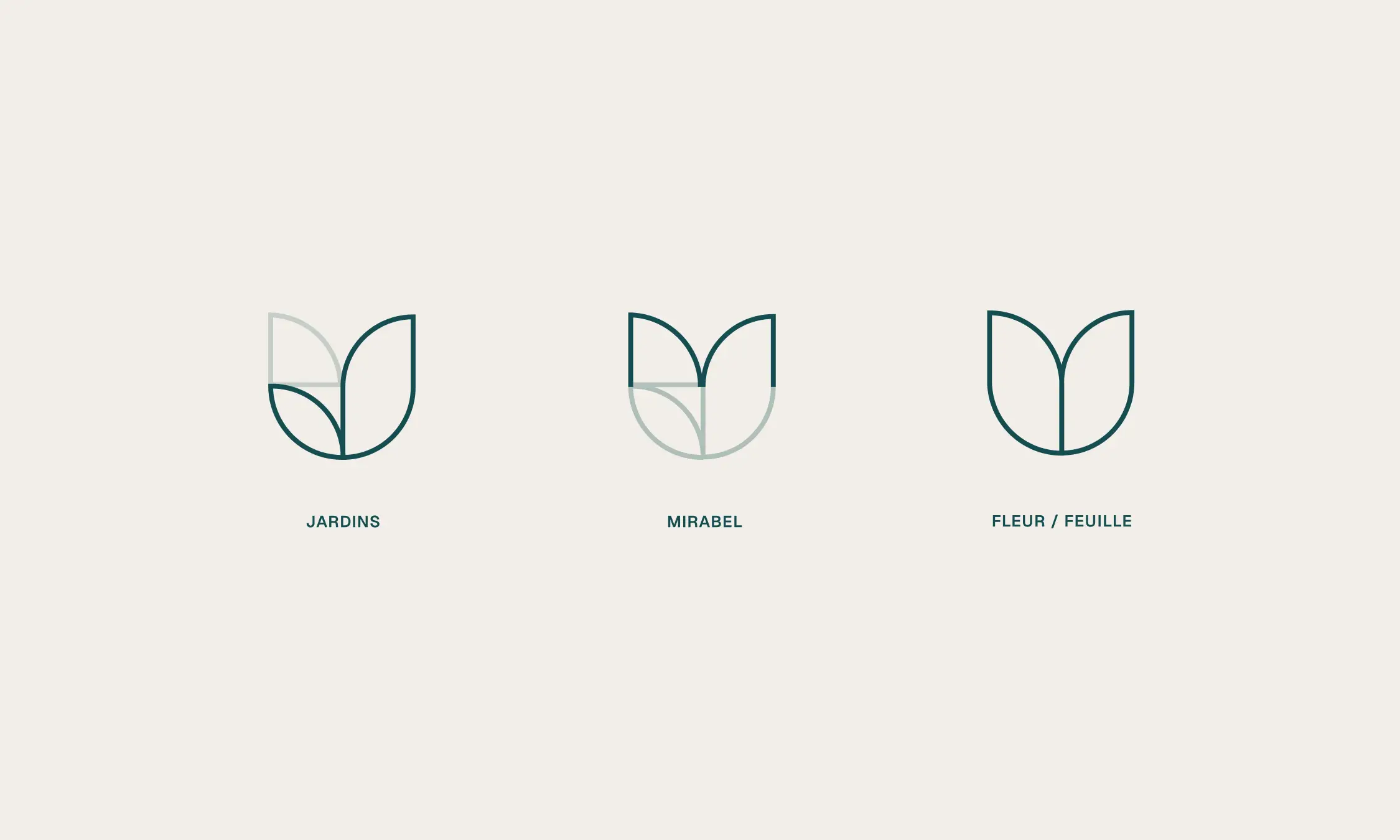 Construction du symbole de Jardins Mirabel réunissant les initiales, une fleur et une feuille