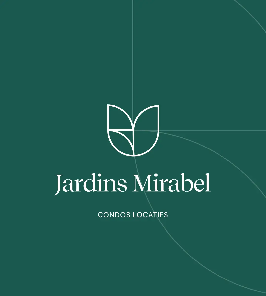 Identité visuelle de Jardins Mirabel accompagnée d’un intérieur de condo moderne et lumineux