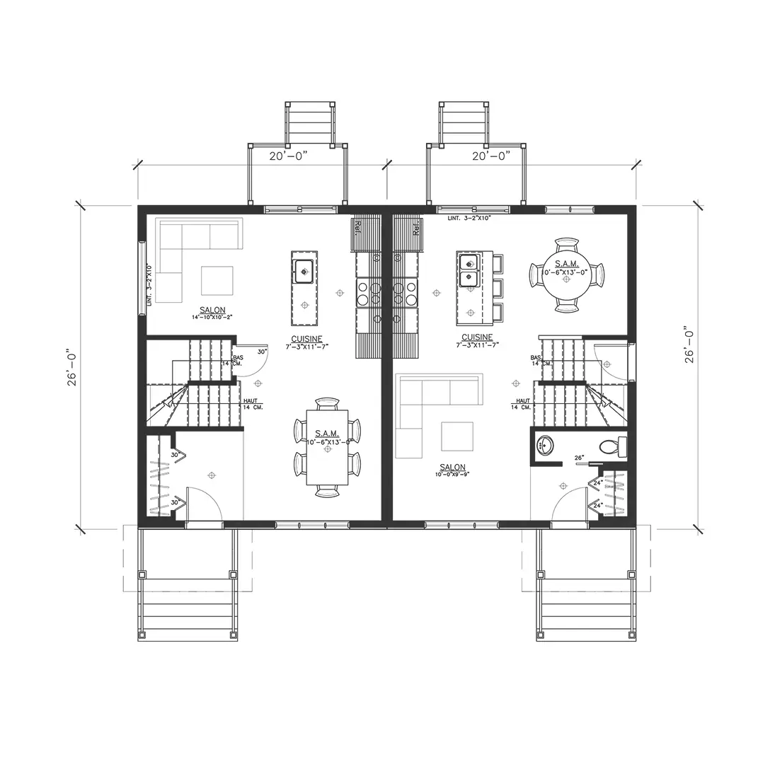 Plan architectural en vue de dessus d'une maison jumelée, montrant l'aménagement des pièces du rez-de-chaussée.