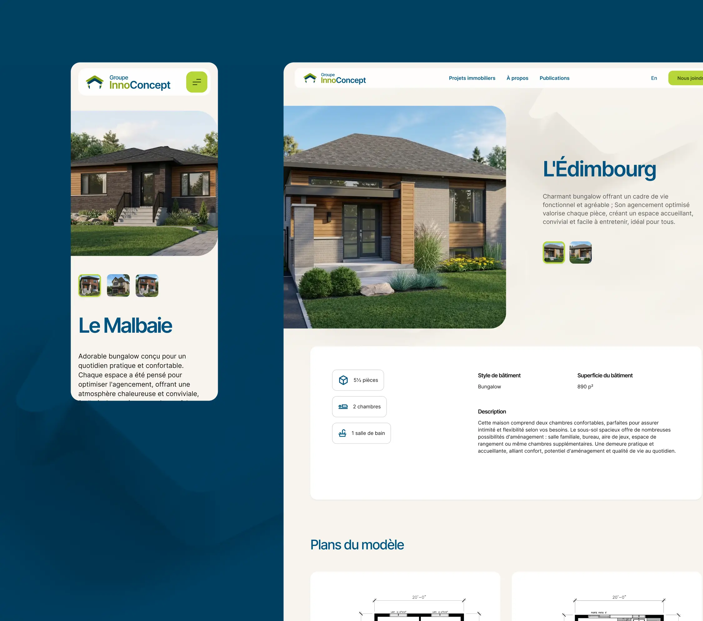 Présentation des fiches de modèles Le Malbaie et L'Édimbourg sur les versions mobile et ordinateur du site InnoConcept.