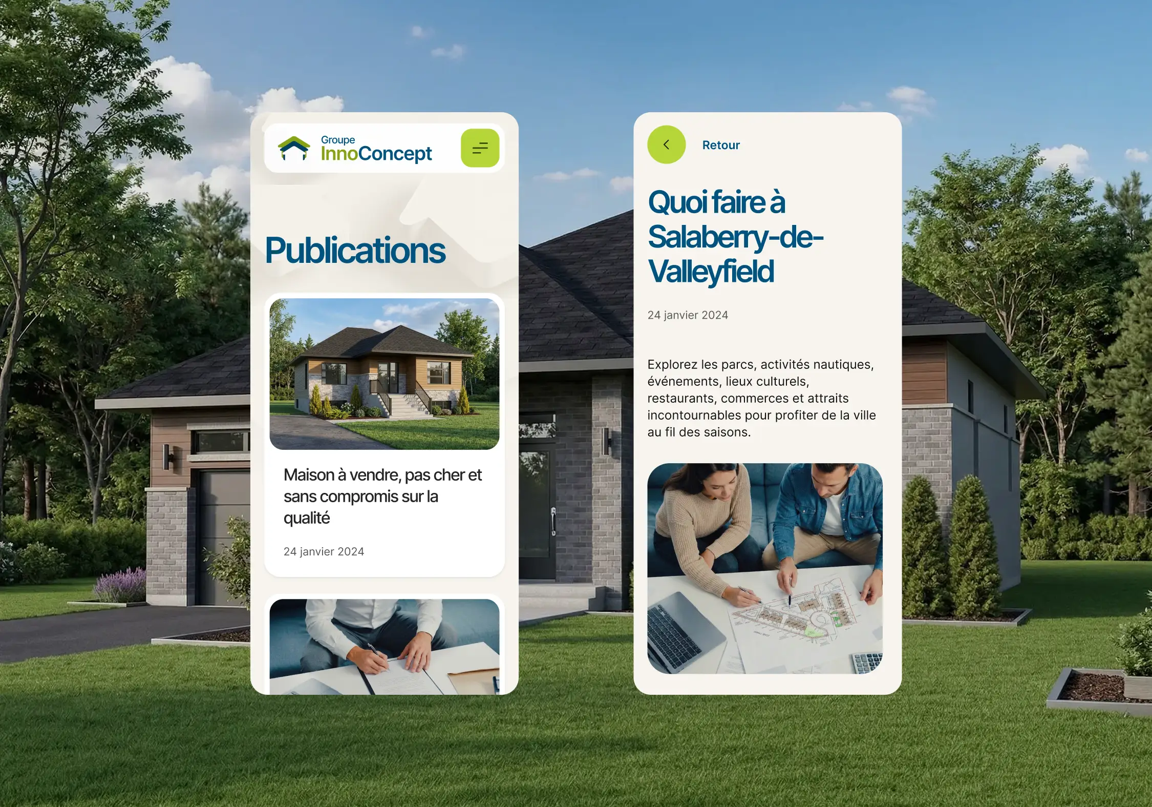 Pages Publications du Groupe InnoConcept sur mobile, présentant des articles sur l'immobilier et la vie à Salaberry-de-Valleyfield.