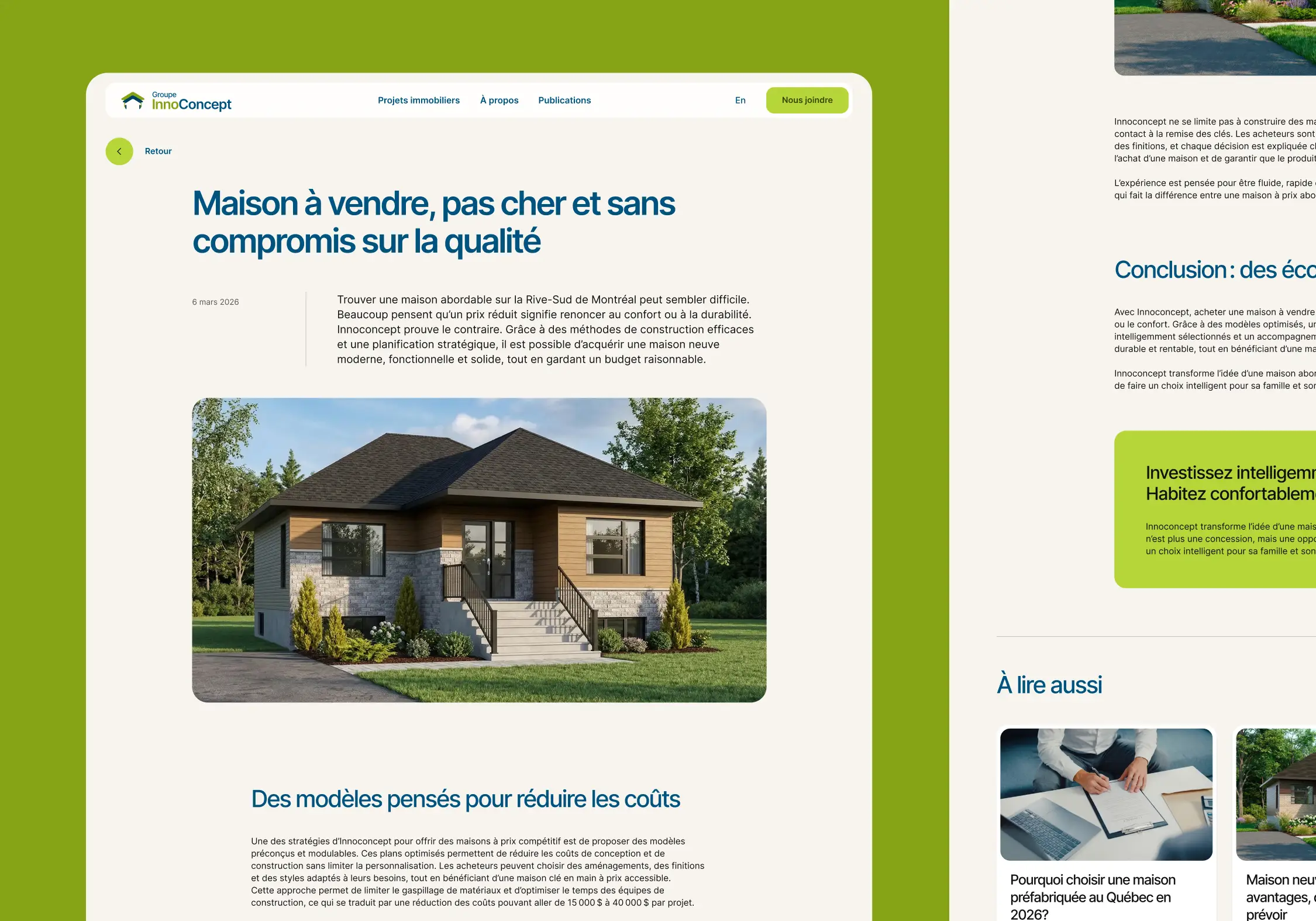 Article du blogue InnoConcept sur les maisons abordables, présenté dans une interface web avec photographie résidentielle.