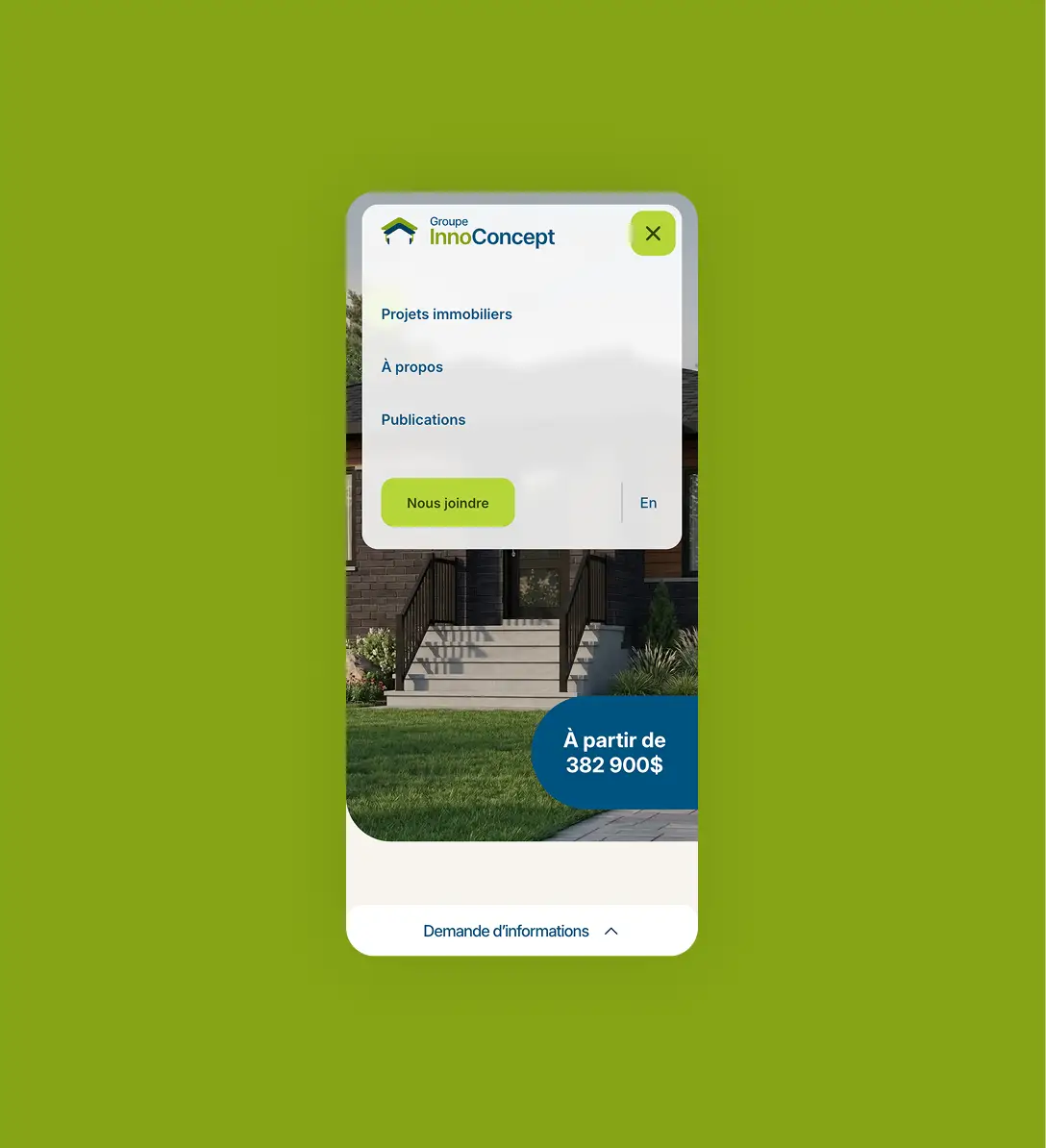 Menu de navigation mobile du site Groupe InnoConcept, avec accès aux projets immobiliers, aux publications et au contact.