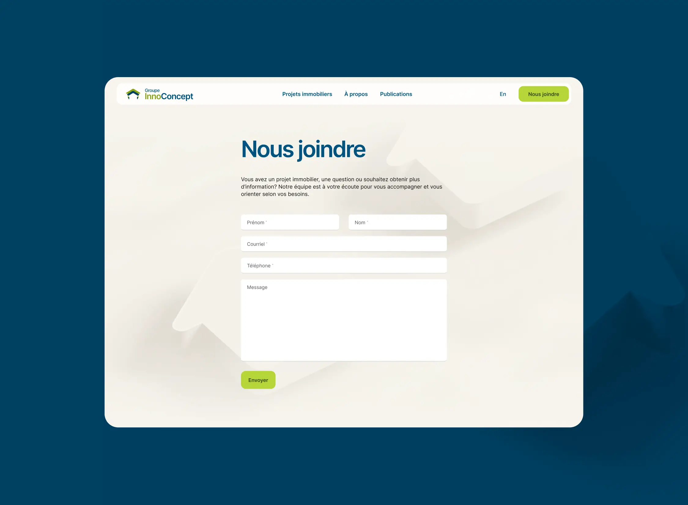 Page Nous joindre du site Groupe InnoConcept présentant un formulaire de contact sur fond clair.