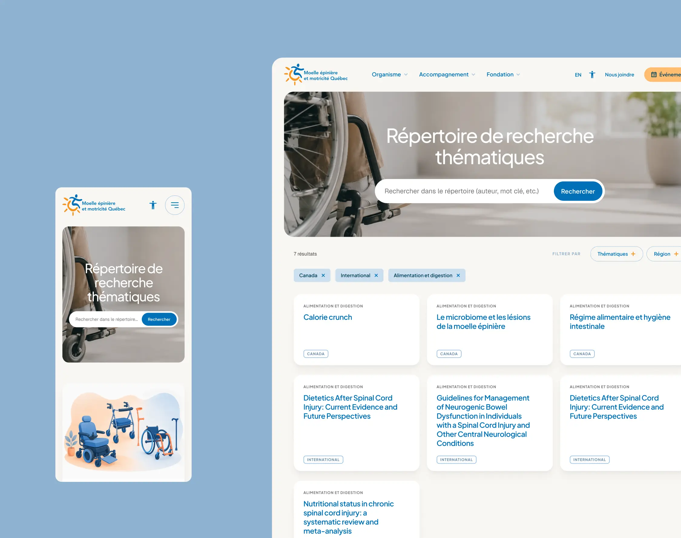 Répertoire de recherche de MÉMO-Qc sur ordinateur et mobile, avec barre de recherche, filtres et fiches de publications.