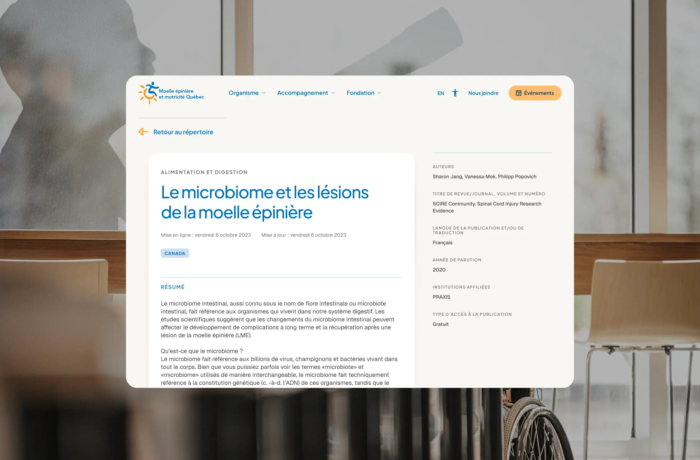 Fiche du répertoire de MÉMO-Qc sur le microbiome et les lésions de la moelle épinière, avec résumé et références.