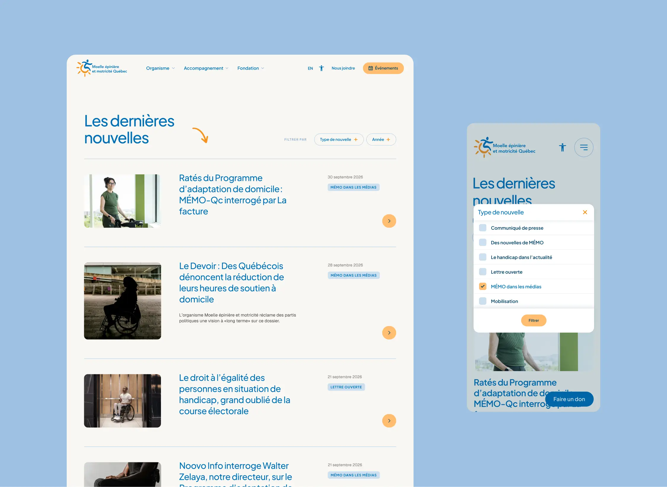 Page des nouvelles de MÉMO-Qc sur ordinateur et mobile, avec le filtre par type de nouvelle ouvert.