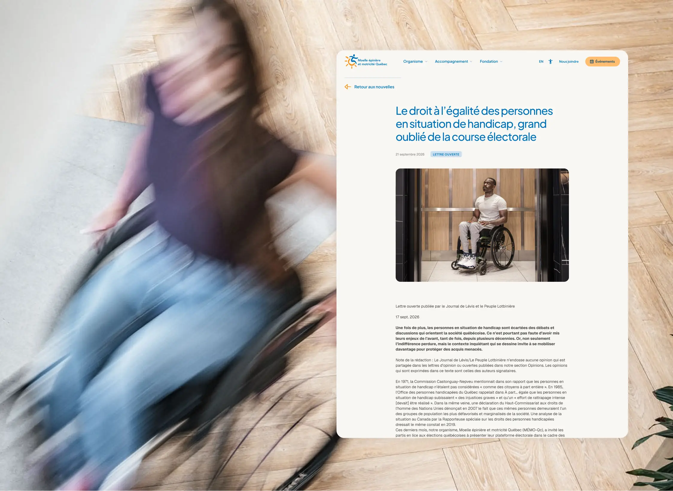 Article de MÉMO-Qc sur le droit à l’égalité, superposé à une photo d’une personne en fauteuil roulant en mouvement.
