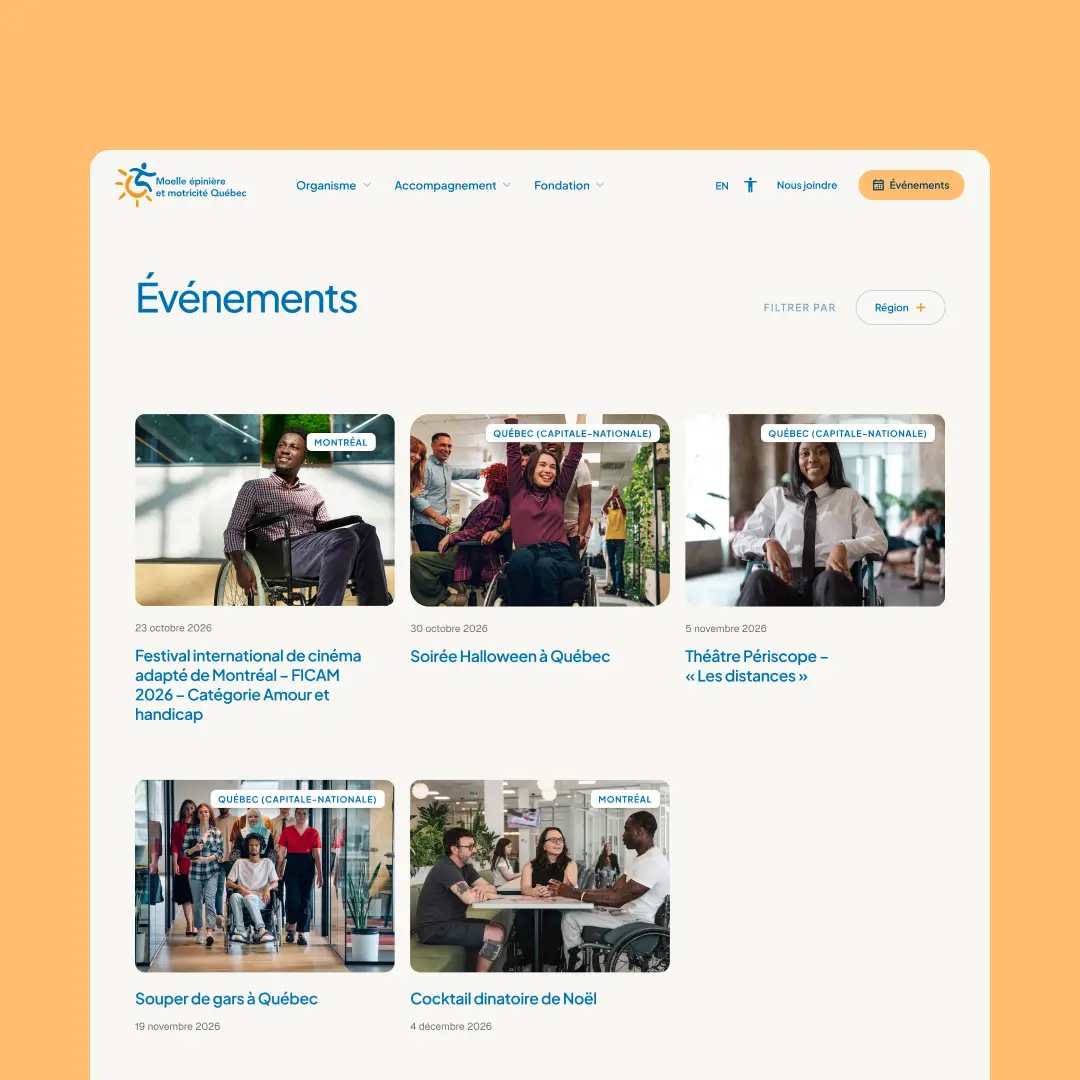 Page des événements de MÉMO-Qc présentant les activités à venir et un filtre par région.