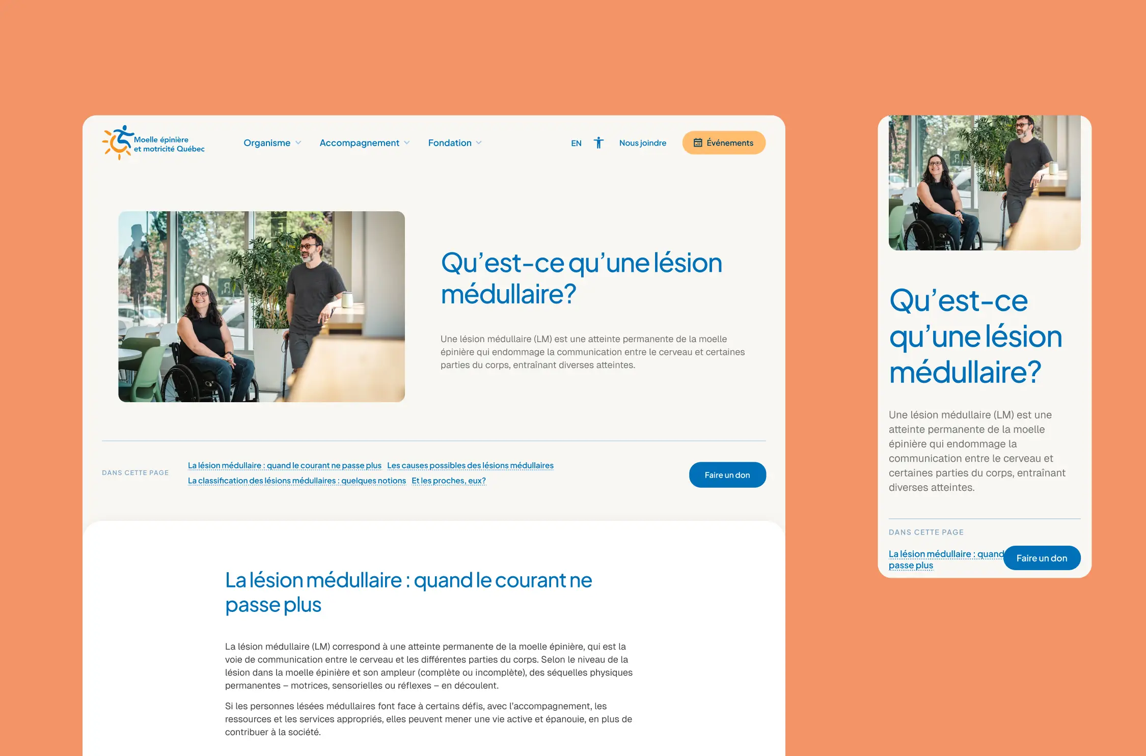 Page d’information sur les lésions médullaires du site de MÉMO-Qc, en versions ordinateur et mobile.