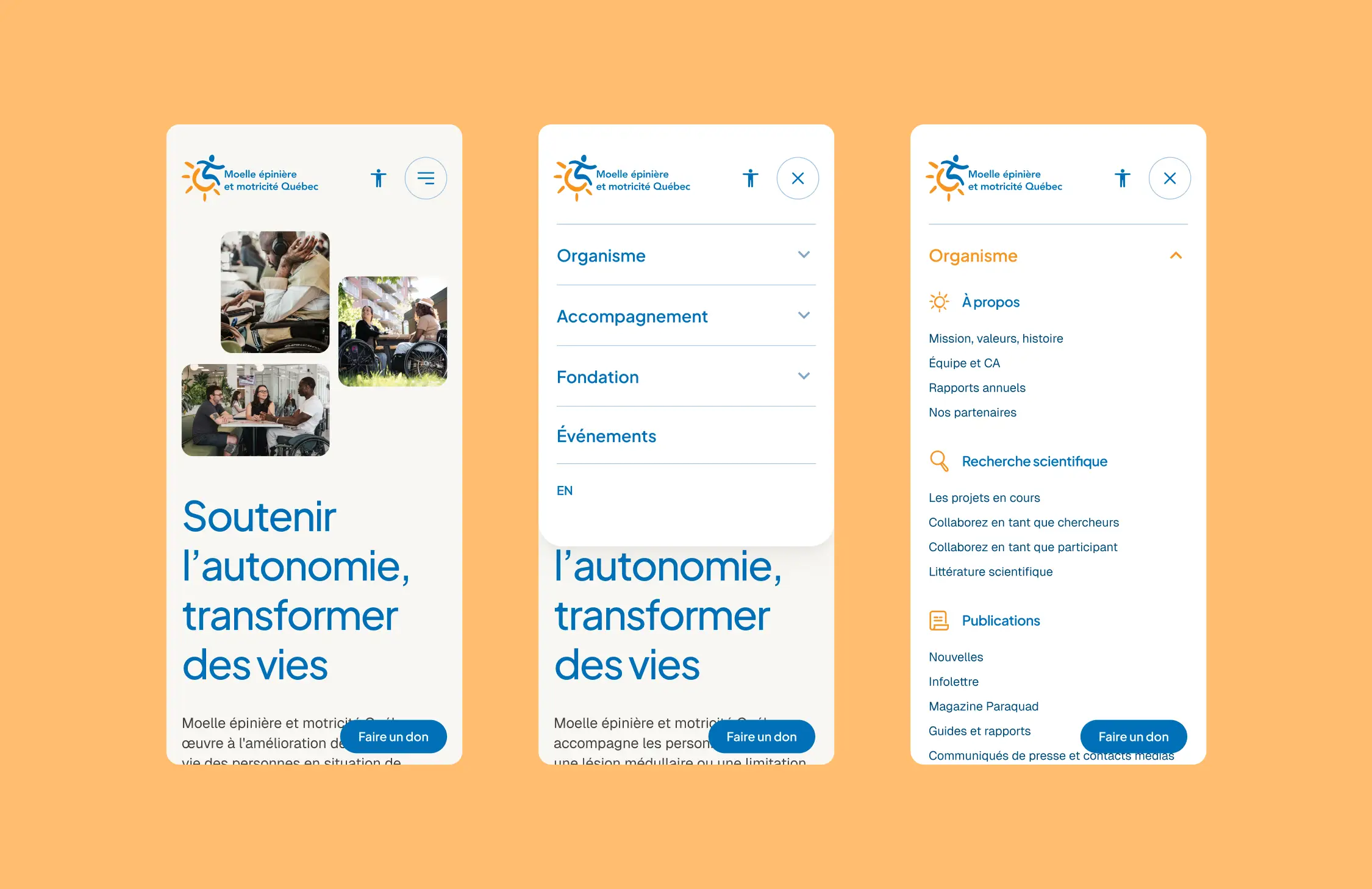 Page d’accueil et menu de navigation mobile de MÉMO-Qc, avec la rubrique Organisme déployée.