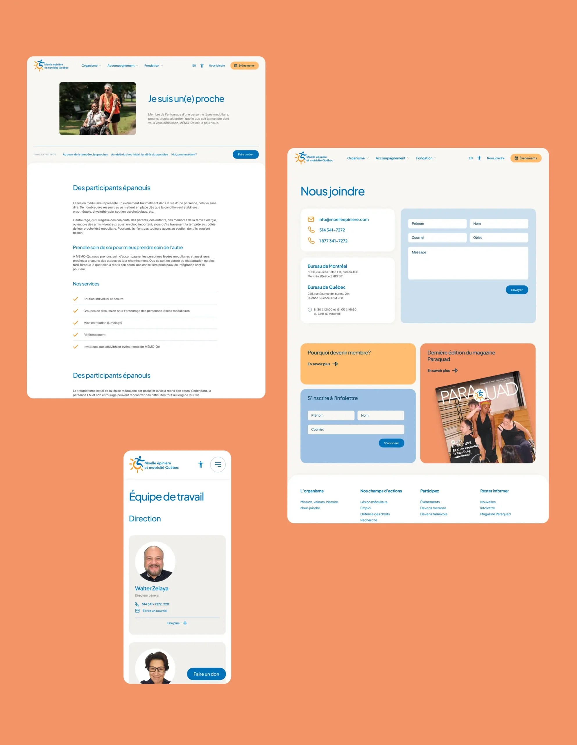 Pages du site de MÉMO-Qc consacrées aux proches, aux coordonnées et à l’équipe, sur ordinateur et mobile.