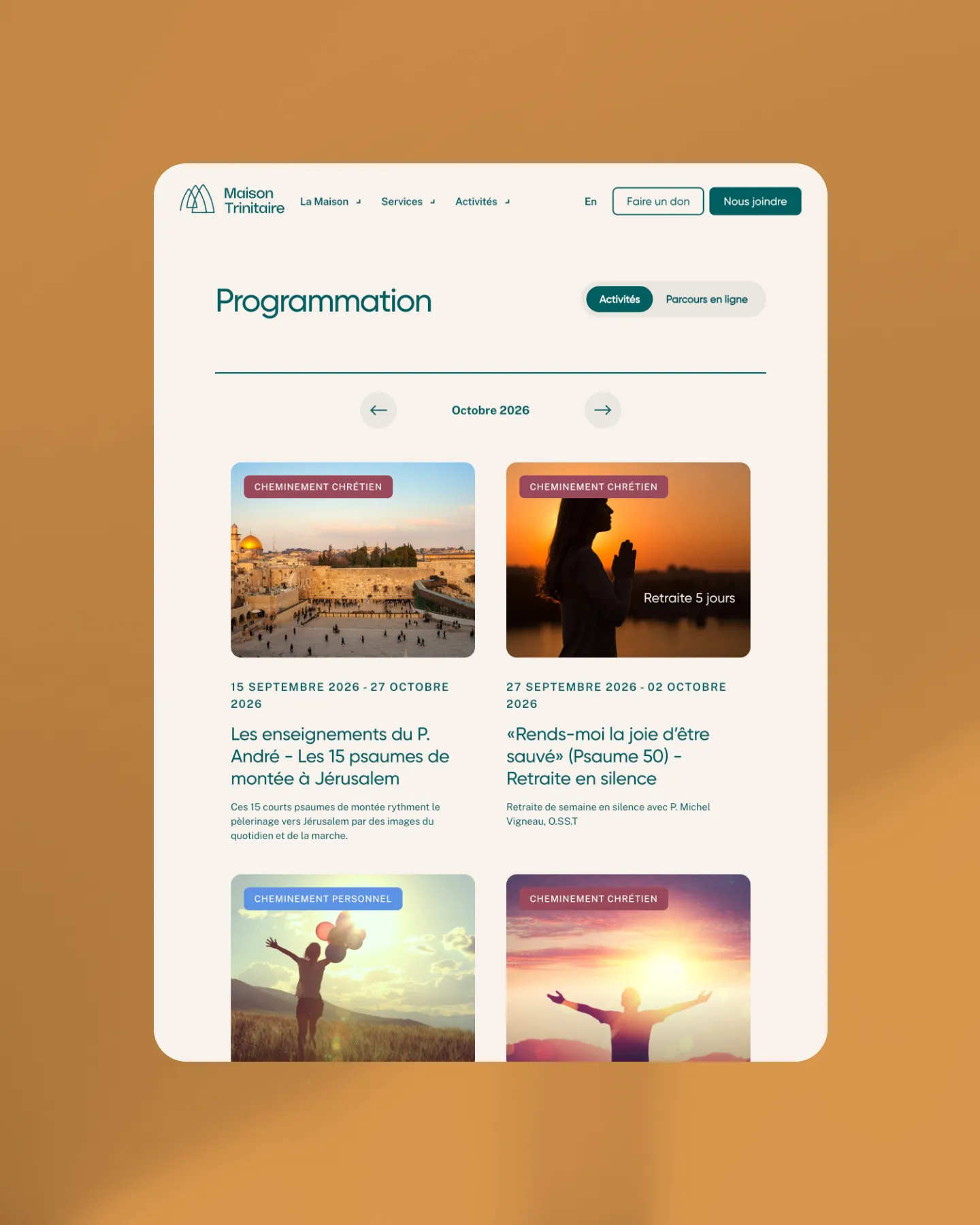 Programmation des activités de Maison Trinitaire affichée sur une interface tablette
