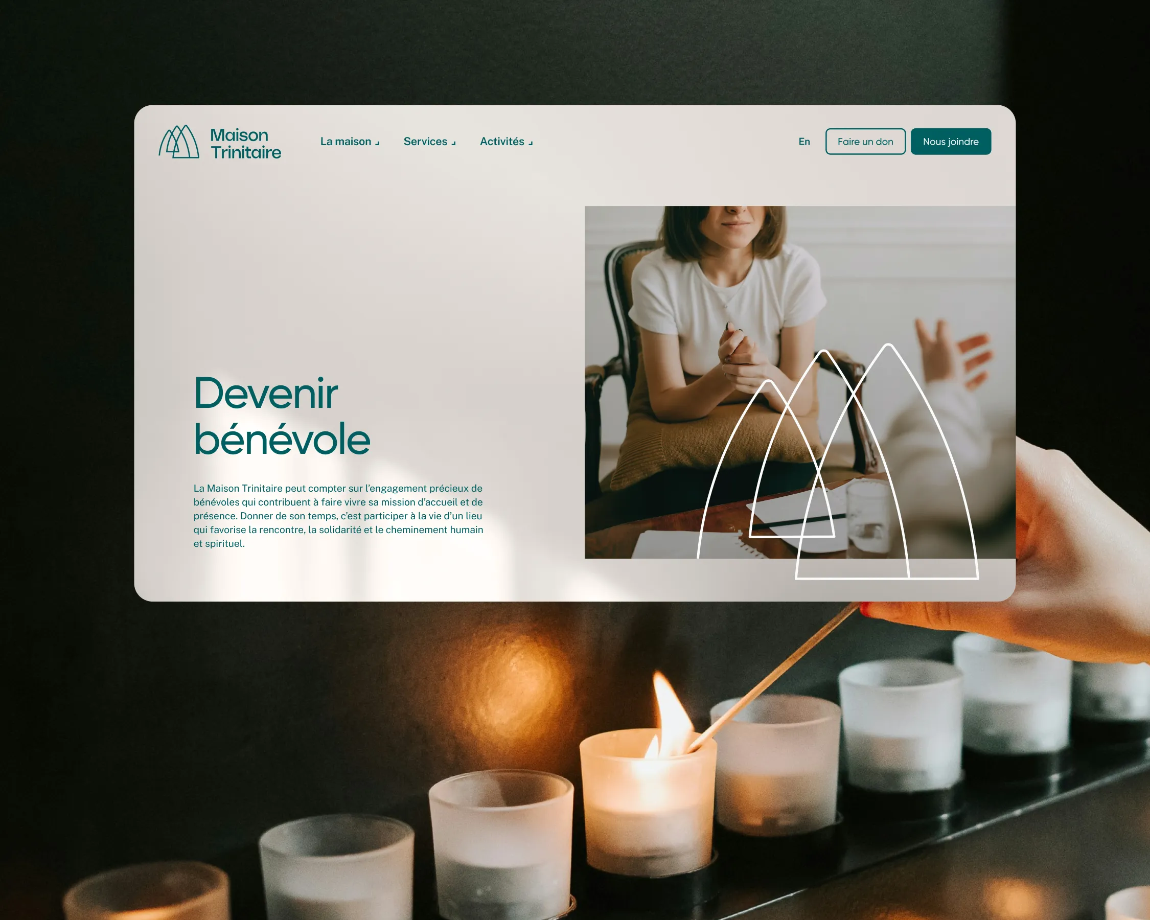 Page Devenir bénévole du site de Maison Trinitaire accompagnée d’images d’accueil et de recueillement