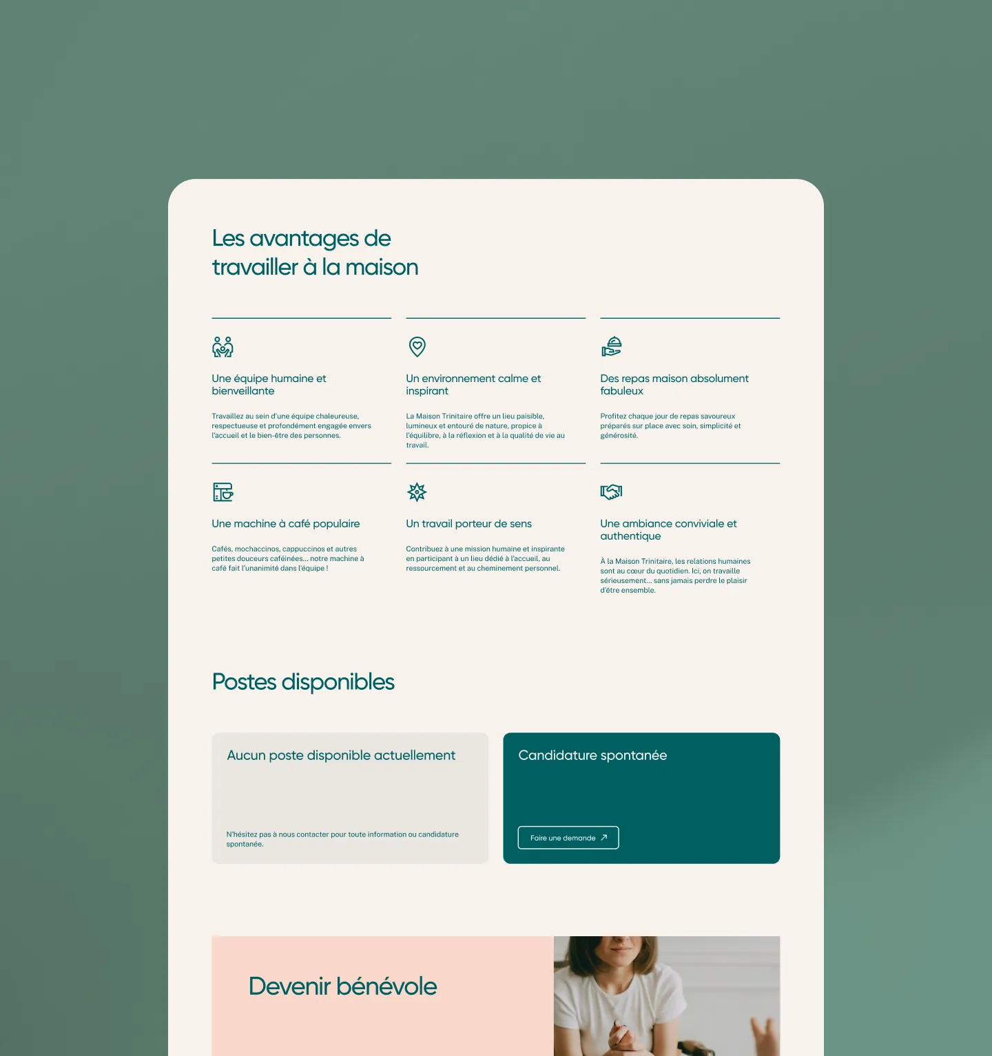 Avantages de travailler à Maison Trinitaire présentés dans une interface web