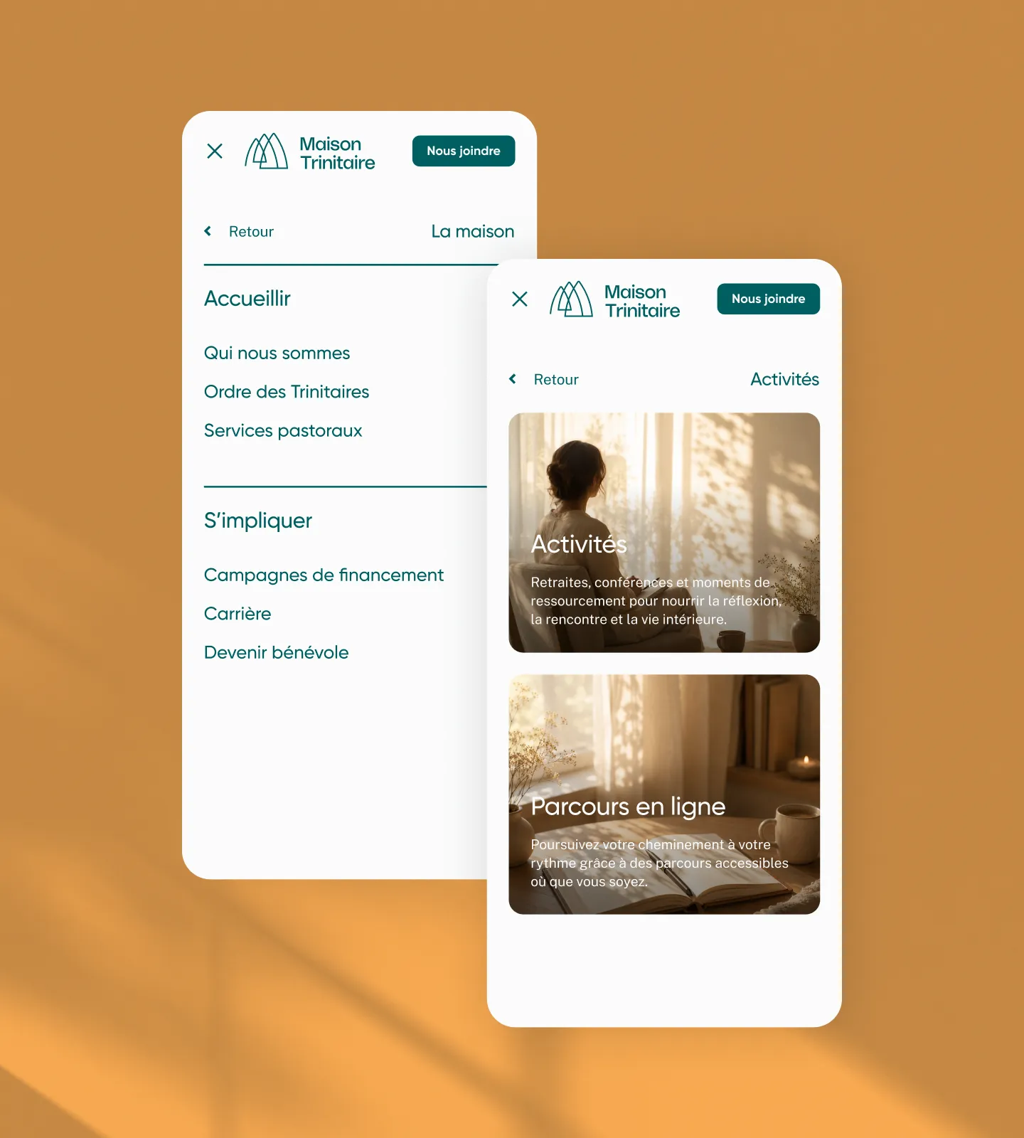 Menu du site web de Maison Trinitaire présentés sur deux écrans mobiles